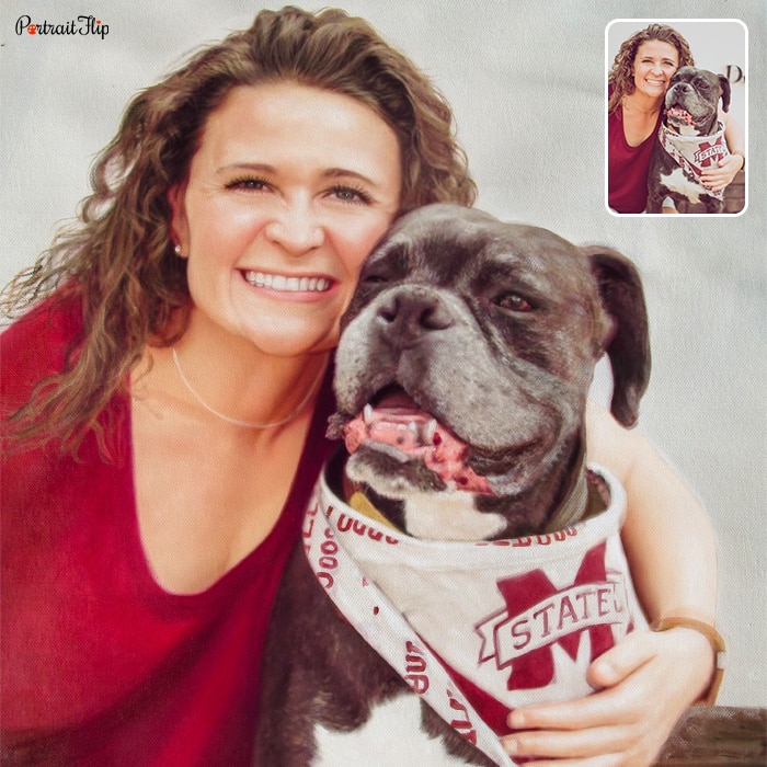 Acrylic painting of a woman with a pitbull dog beside her